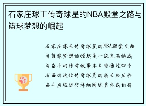 石家庄球王传奇球星的NBA殿堂之路与篮球梦想的崛起