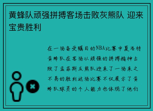 黄蜂队顽强拼搏客场击败灰熊队 迎来宝贵胜利