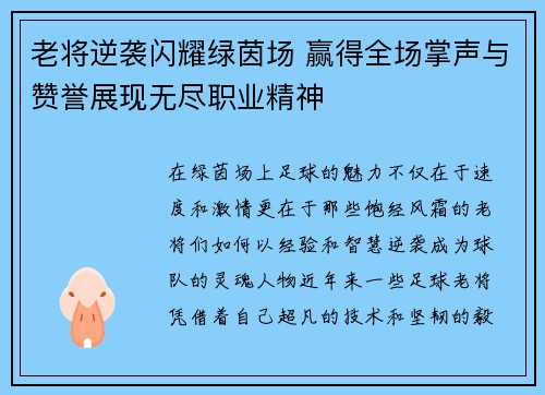 老将逆袭闪耀绿茵场 赢得全场掌声与赞誉展现无尽职业精神