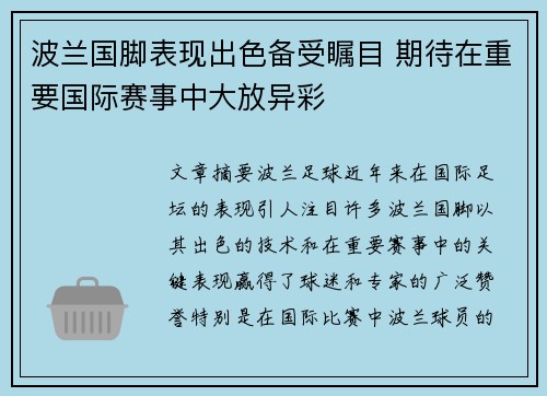 波兰国脚表现出色备受瞩目 期待在重要国际赛事中大放异彩
