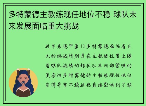 多特蒙德主教练现任地位不稳 球队未来发展面临重大挑战