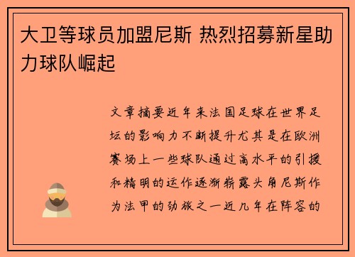 大卫等球员加盟尼斯 热烈招募新星助力球队崛起