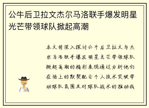公牛后卫拉文杰尔马洛联手爆发明星光芒带领球队掀起高潮