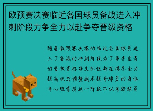 欧预赛决赛临近各国球员备战进入冲刺阶段力争全力以赴争夺晋级资格