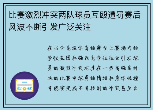比赛激烈冲突两队球员互殴遭罚赛后风波不断引发广泛关注