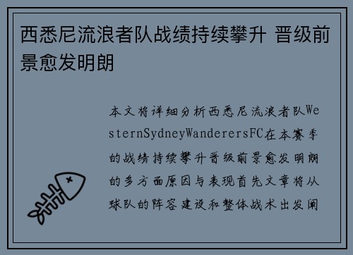 西悉尼流浪者队战绩持续攀升 晋级前景愈发明朗